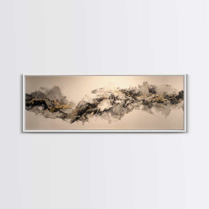 Ink Splatter and Long Brushstroke Composition Canvas Print, Calligraphy Art, Art, Living Room Decor, Fine Art, Script, CAL-3x1-80
