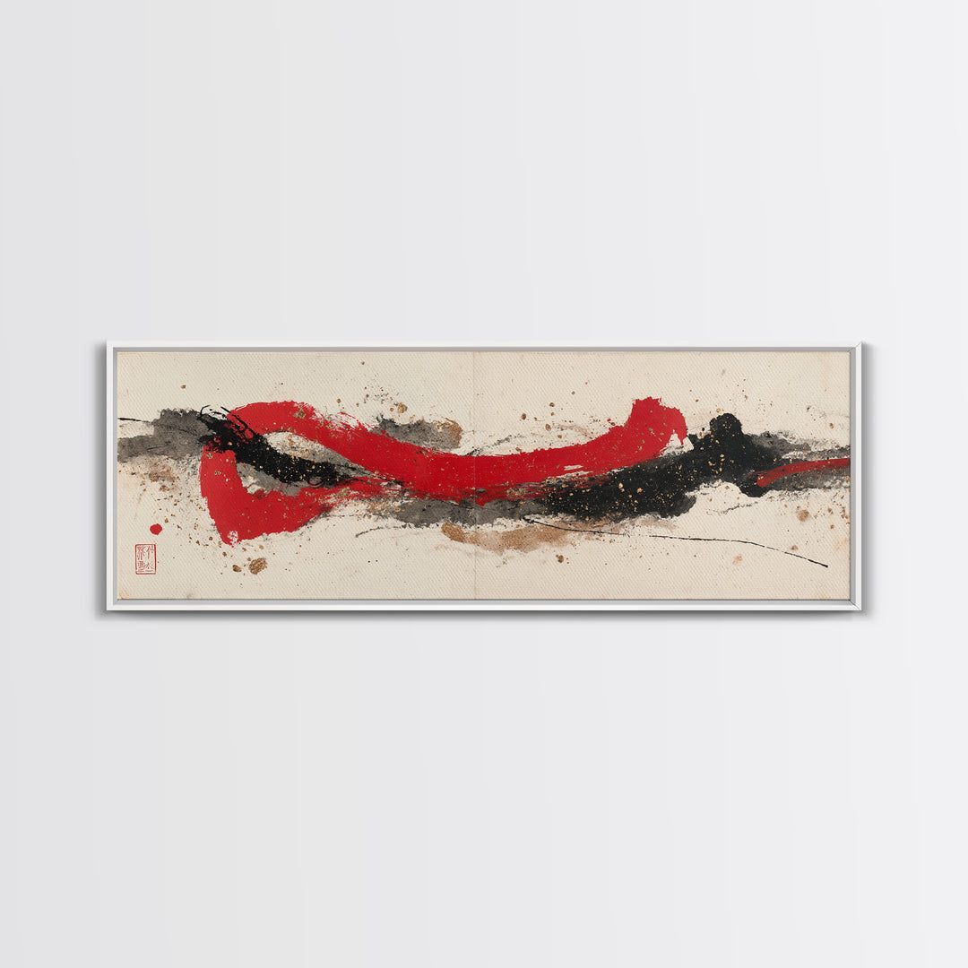 Bold Red Brushstroke Seal Abstraction Canvas Print, Calligraphy Art, Prints, Living Room Decor, Script, Bedroom Wall Decor, CAL-3x1-83
