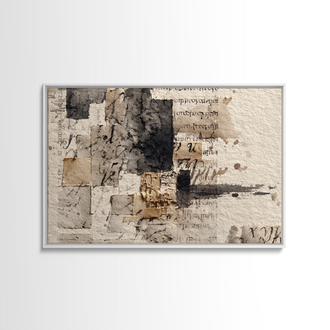 Monochrome Brush Alphabet Fragments as Abstract Texture Canvas Print, Calligraphy Art, Japanese Art, Living Room Decor, Script, CAL-3x2-17
