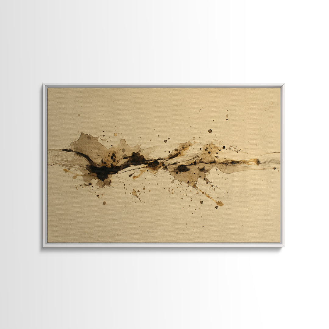 Ink Splatter and Long Brushstroke Composition Framed Canvas Print, Calligraphy Art, Unique Wall Art, Living Room Decor, Script, CAL-3x2-20