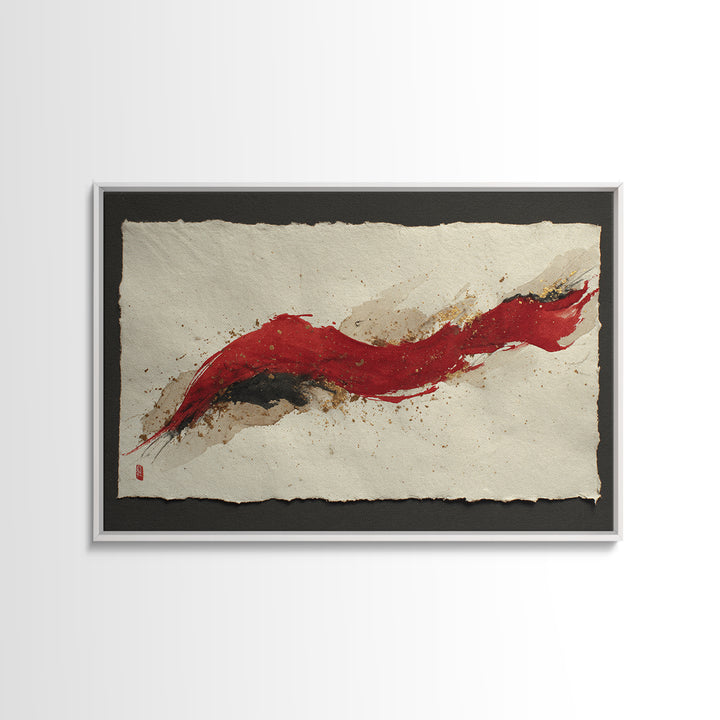 Bold Red Brushstroke Seal Abstraction Framed Canvas Print, Calligraphy Art, Japanese Art, Living Room Decor, Fine Art, Script, CAL-3x2-23