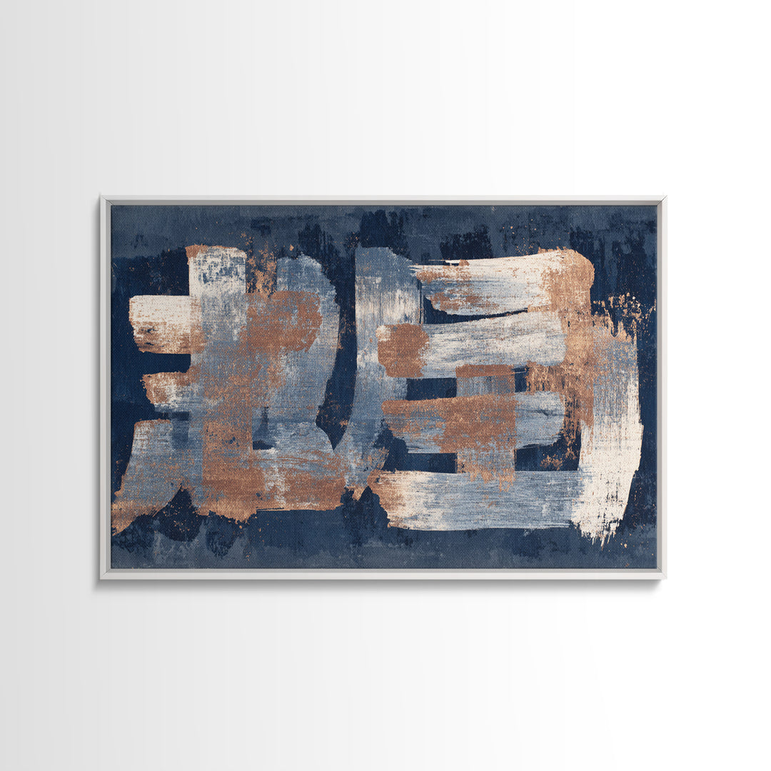 Layered Copper Ink Strokes on Dark Navy Canvas Print, Calligraphy Art, Living Room Wall Art, Living Room Decor, Script, CAL-3x2-34