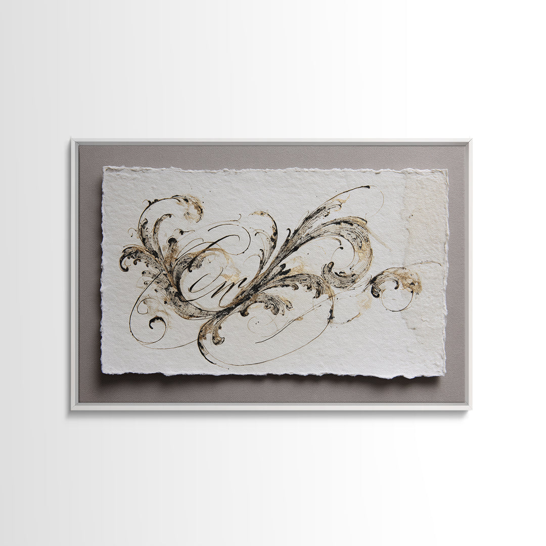 Baroque Scrollwork Made from Looping Pen Strokes Framed Canvas Print, Calligraphy Art, Custom Art, Living Room Decor, Script, CAL-3x2-40