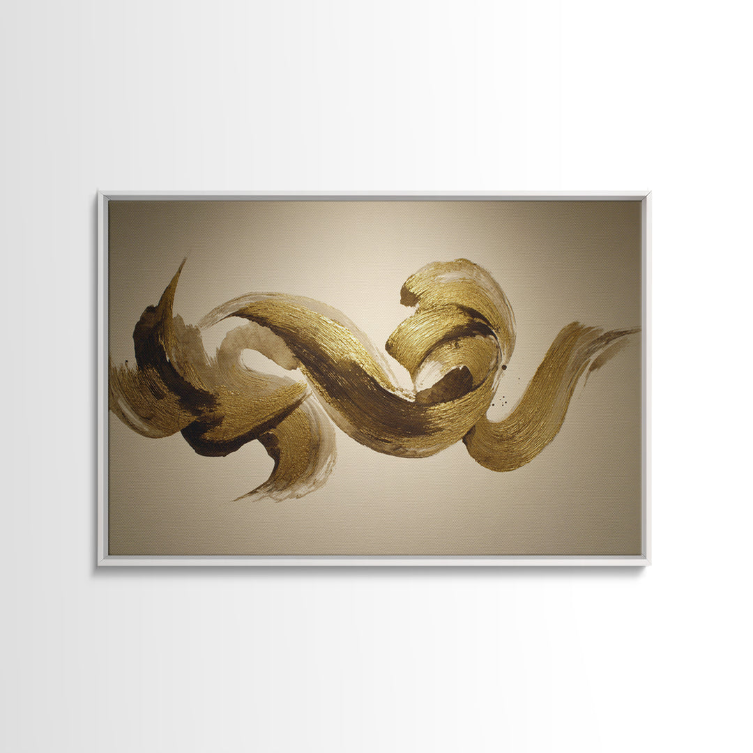 Abstract Gold Calligraphic Strokes on Ivory Paper Canvas Print, Calligraphy Art, Digital Print, Living Room Decor, Script, CAL-3x2-6