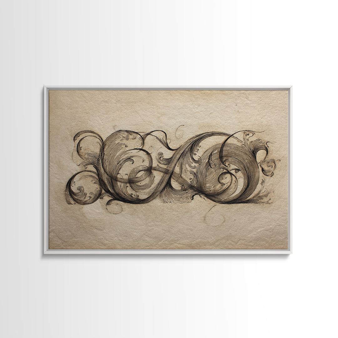 Baroque Scrollwork Made from Looping Pen Strokes Canvas Print, Calligraphy Art, Gallery Decor, Living Room Decor, Script, CAL-3x2-64