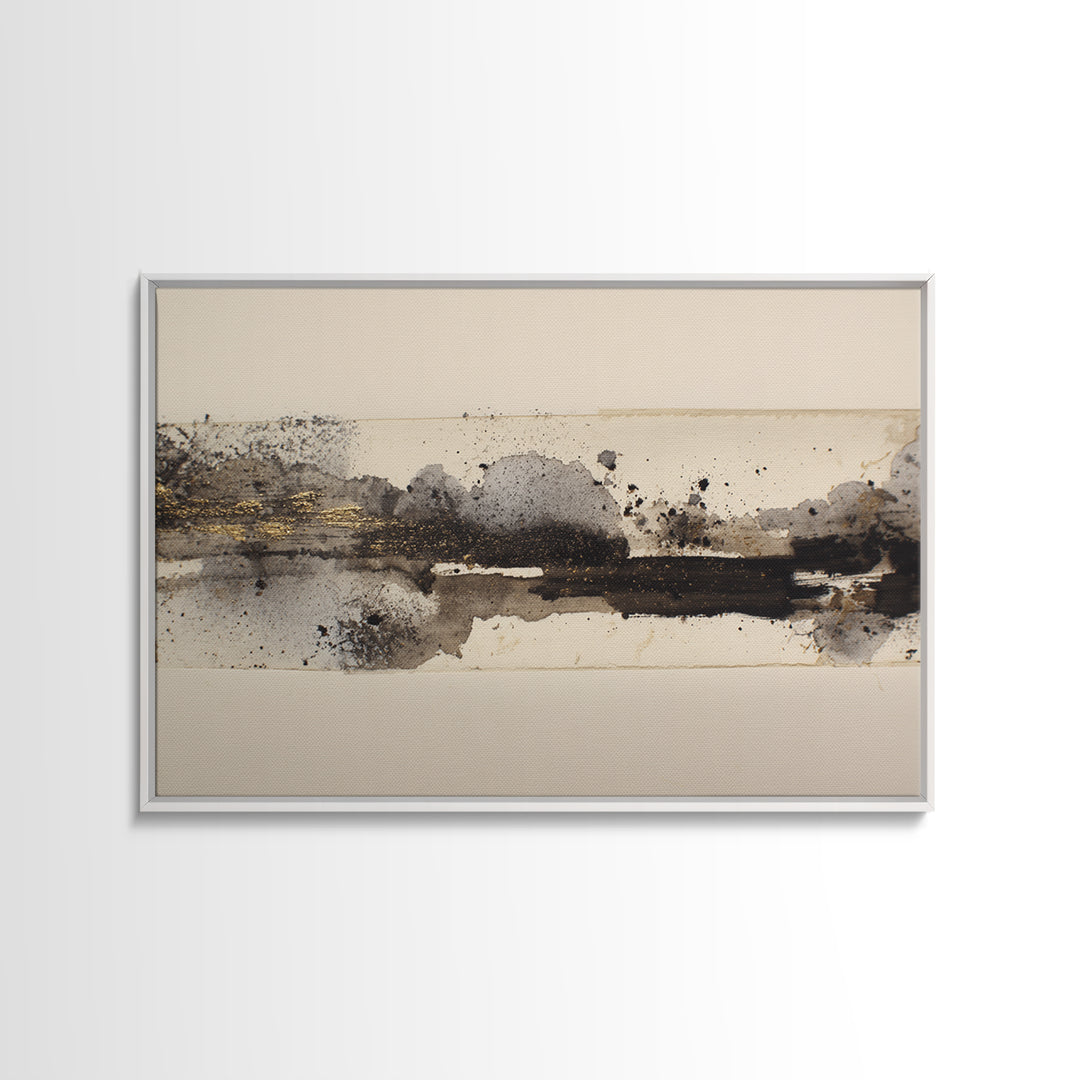 Ink Splatter and Long Brushstroke Composition Canvas Print, Calligraphy Art, Neutral Decor, Living Room Decor, Fine Art, Script, CAL-3x2-68