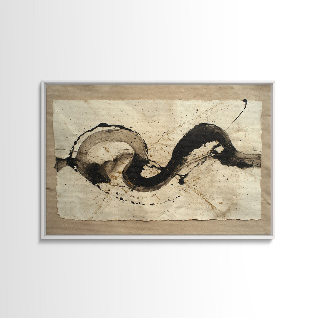 Large Sweeping Black Ink Gesture Like a Framed Canvas Print, Calligraphy Art, Gallery Decor, Living Room Decor, Script, CAL-3x2-77