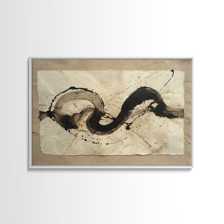 Large Sweeping Black Ink Gesture Like a Framed Canvas Print, Calligraphy Art, Gallery Decor, Living Room Decor, Script, CAL-3x2-77