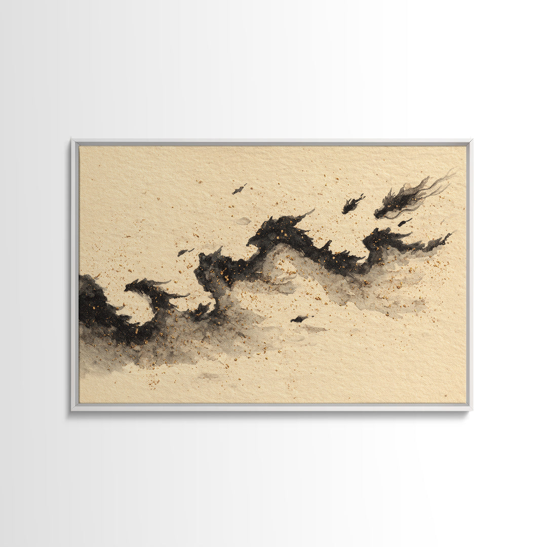 Ink Wash Dragon Curve Framed Canvas Print, Calligraphy Art, Gallery Wall Set, Living Room Decor, Fine Art, Script, CAL-3x2-85