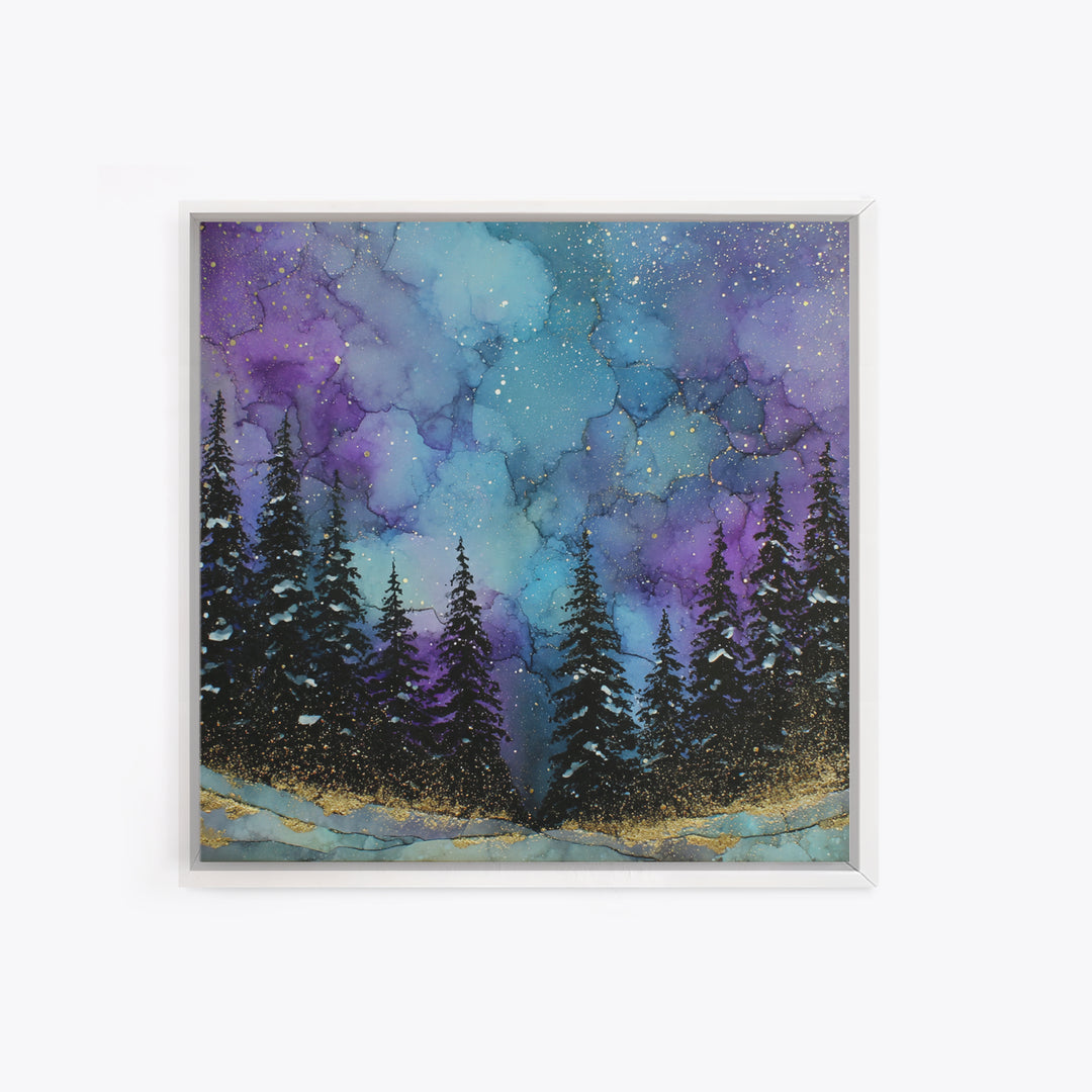 Aurora Borealis over Snowy Pines Framed Canvas Print, Celestial Art, Art Nouveau Decor, Living Room Decor, Fine Art, Celestial, CEL-1x1-41
