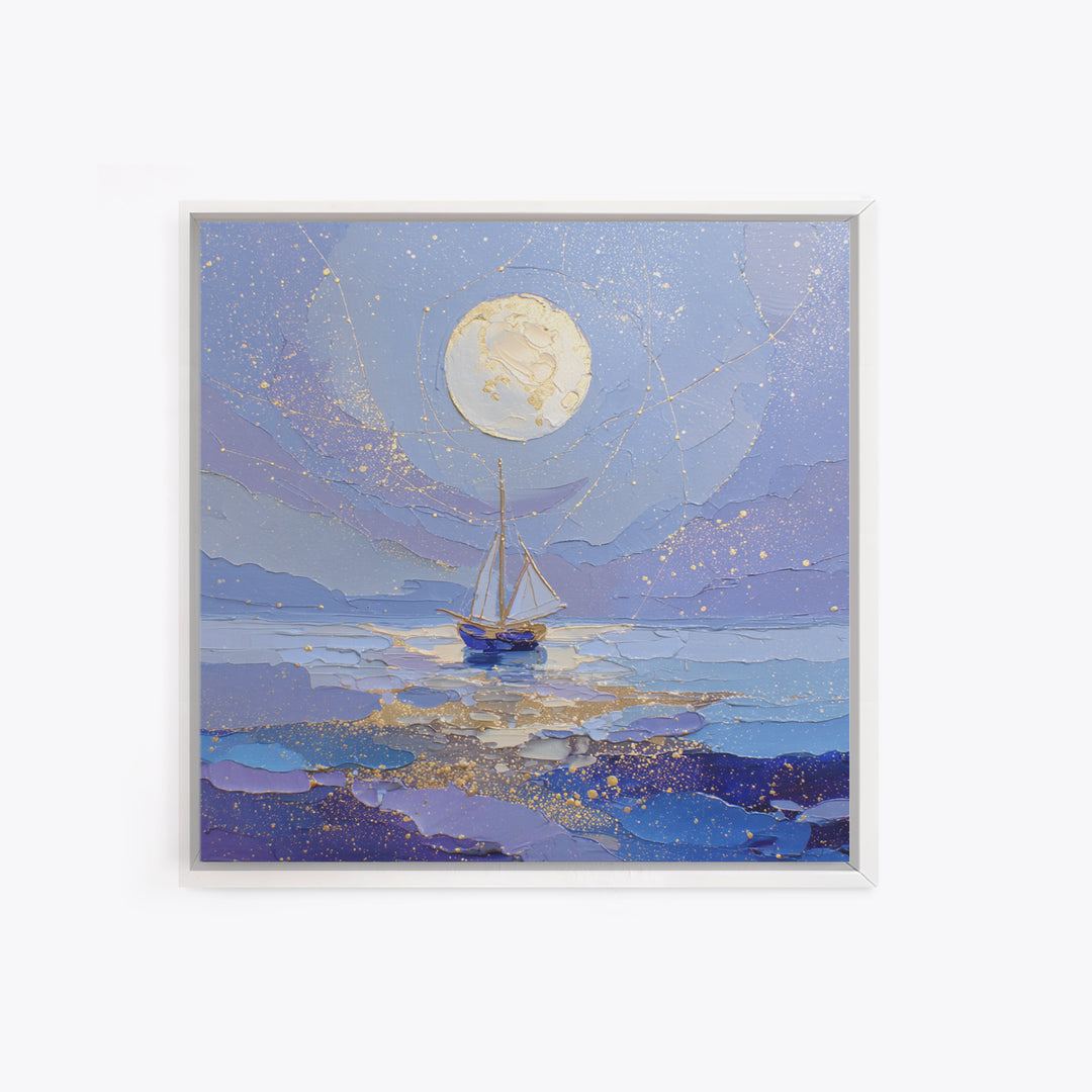 Tiny Sailboat Beneath a Huge Moon Framed Canvas Print, Celestial Art, Modern Art, Living Room Decor, Oil Painting, Celestial, CEL-1x1-43