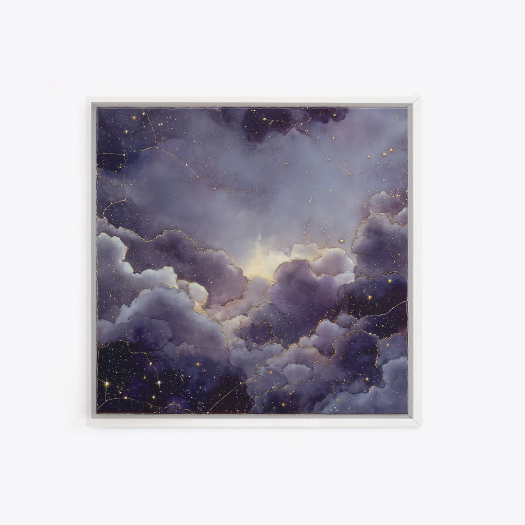 Moonlit Cloudscape with Silver Highlights Framed Canvas Print, Celestial Art, Animal Prints, Living Room Decor, Abstract Art, CEL-1x1-57