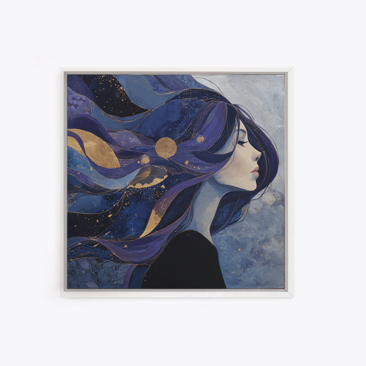 Celestial Goddess with Flowing Midnight Hair Framed Canvas Print, Celestial Art, Celestial, Living Room Decor, Celestial, CEL-1x1-7