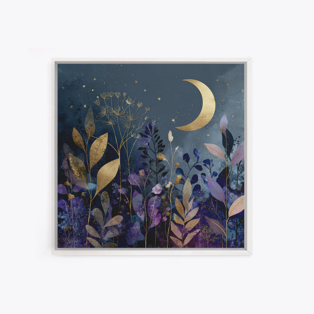 Lunar Phase Arc Above Delicate Botanicals Canvas Print, Celestial Art, Collage Art, Living Room Decor, Watercolor Art, CEL-1x1-76
