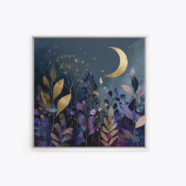 Lunar Phase Arc Above Delicate Botanicals Canvas Print, Celestial Art, Collage Art, Living Room Decor, Watercolor Art, CEL-1x1-76