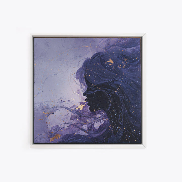 Celestial Goddess with Flowing Midnight Hair Framed Canvas Print, Celestial Art, Wall Decor, Living Room Decor, Celestial, CEL-1x1-79