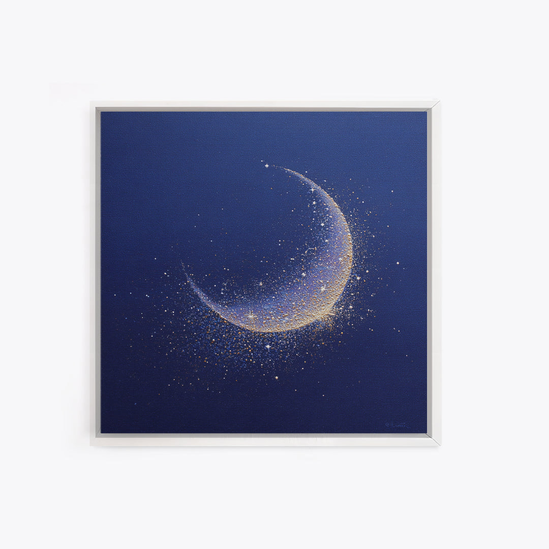 Crescent Moon Cradling a Cluster of Stars Canvas Print, Celestial Art, Luxury Decor, Living Room Decor, Oil Painting, Celestial, CEL-1x1-97