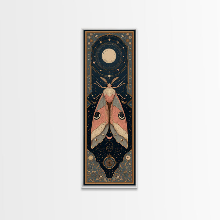 Celestial Moth with Moon Markings Framed Canvas Print, Celestial Art, Celestial Decor, Living Room Decor, Oil Painting, CEL-1x3-30