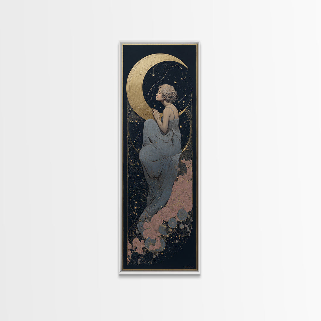 Crescent Moon Cradling a Cluster of Stars Canvas Print, Celestial Art, Minimalist Art, Living Room Decor, Fine Art, Celestial, CEL-1x3-37