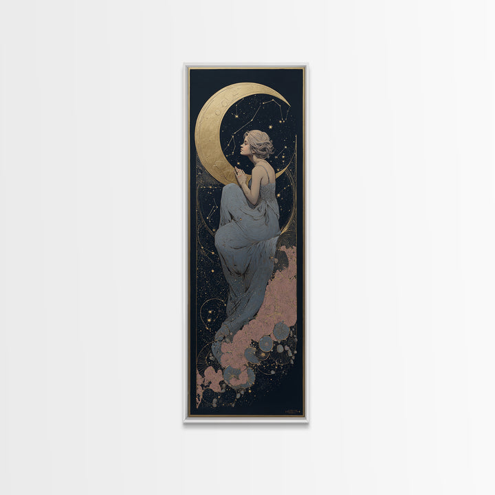 Crescent Moon Cradling a Cluster of Stars Canvas Print, Celestial Art, Minimalist Art, Living Room Decor, Fine Art, Celestial, CEL-1x3-37