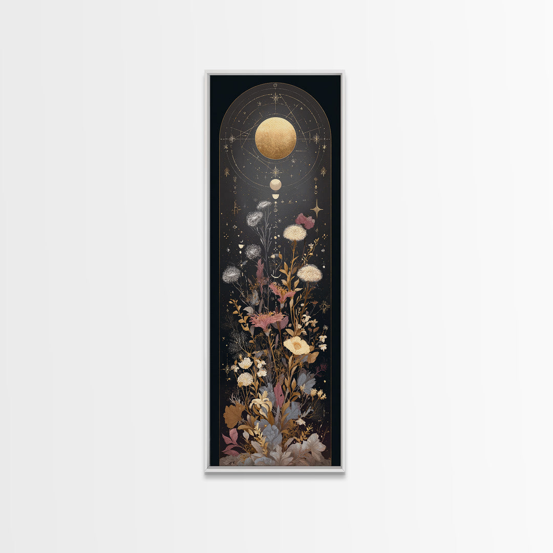 Lunar Phase Arc Above Delicate Botanicals Canvas Print, Celestial Art, Room Decor, Living Room Decor, Oil Painting, Celestial, CEL-1x3-40