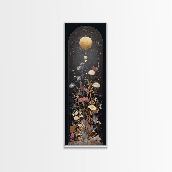 Lunar Phase Arc Above Delicate Botanicals Canvas Print, Celestial Art, Room Decor, Living Room Decor, Oil Painting, Celestial, CEL-1x3-40