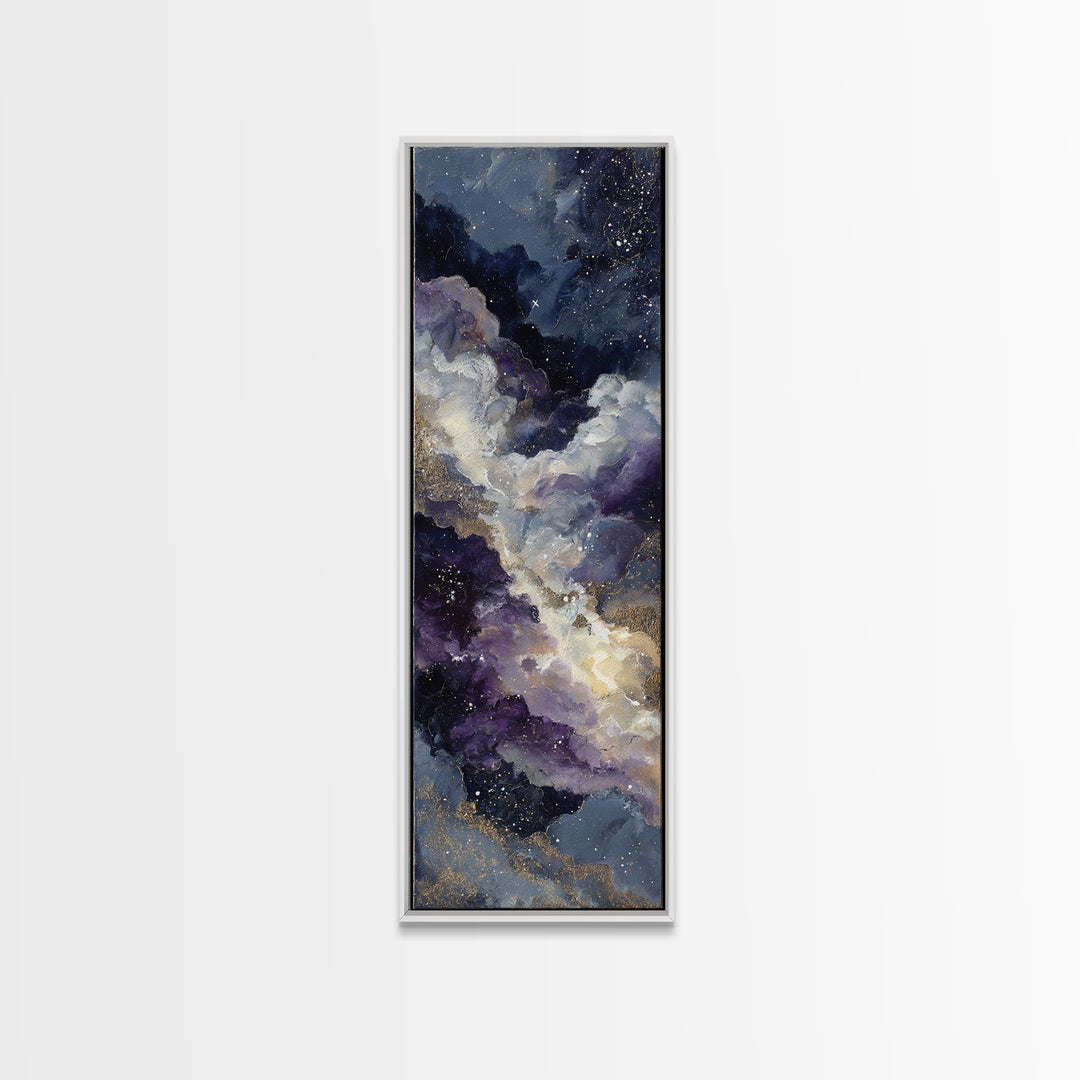 Moonlit Cloudscape with Silver Highlights Framed Canvas Print, Celestial Art, Fantasy Art, Living Room Decor, Oil Painting, CEL-1x3-45
