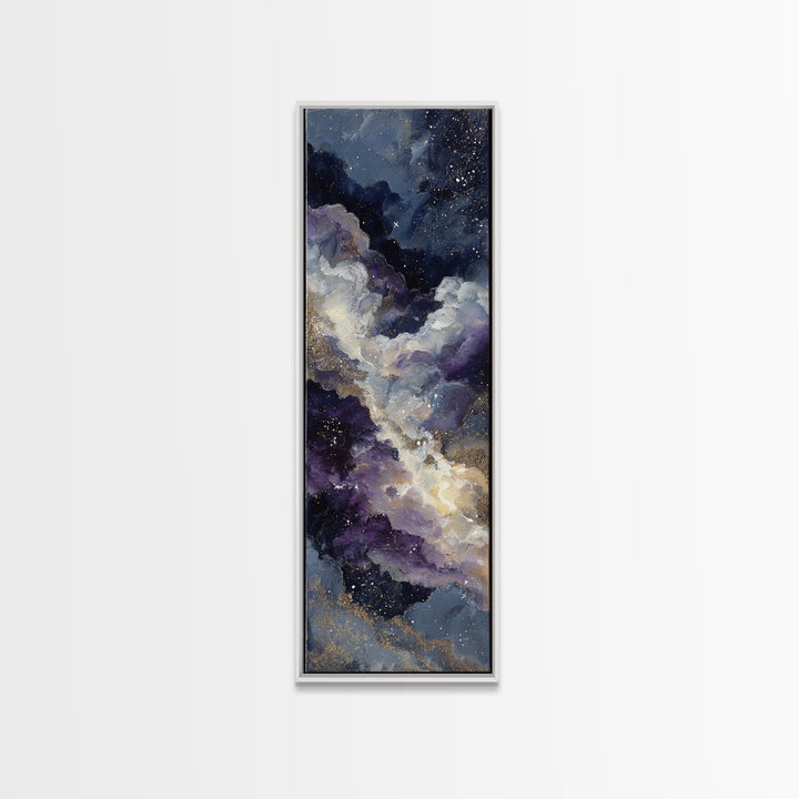Moonlit Cloudscape with Silver Highlights Framed Canvas Print, Celestial Art, Fantasy Art, Living Room Decor, Oil Painting, CEL-1x3-45