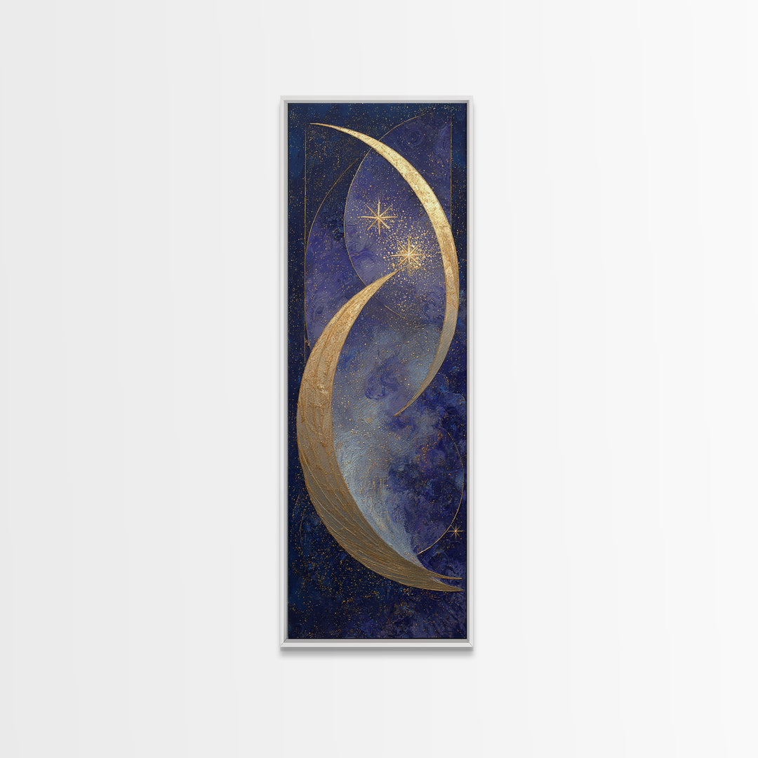 Crescent Moon Cradling a Cluster of Stars Framed Canvas Print, Celestial Art, Modern Decor, Living Room Decor, Celestial, CEL-1x3-61