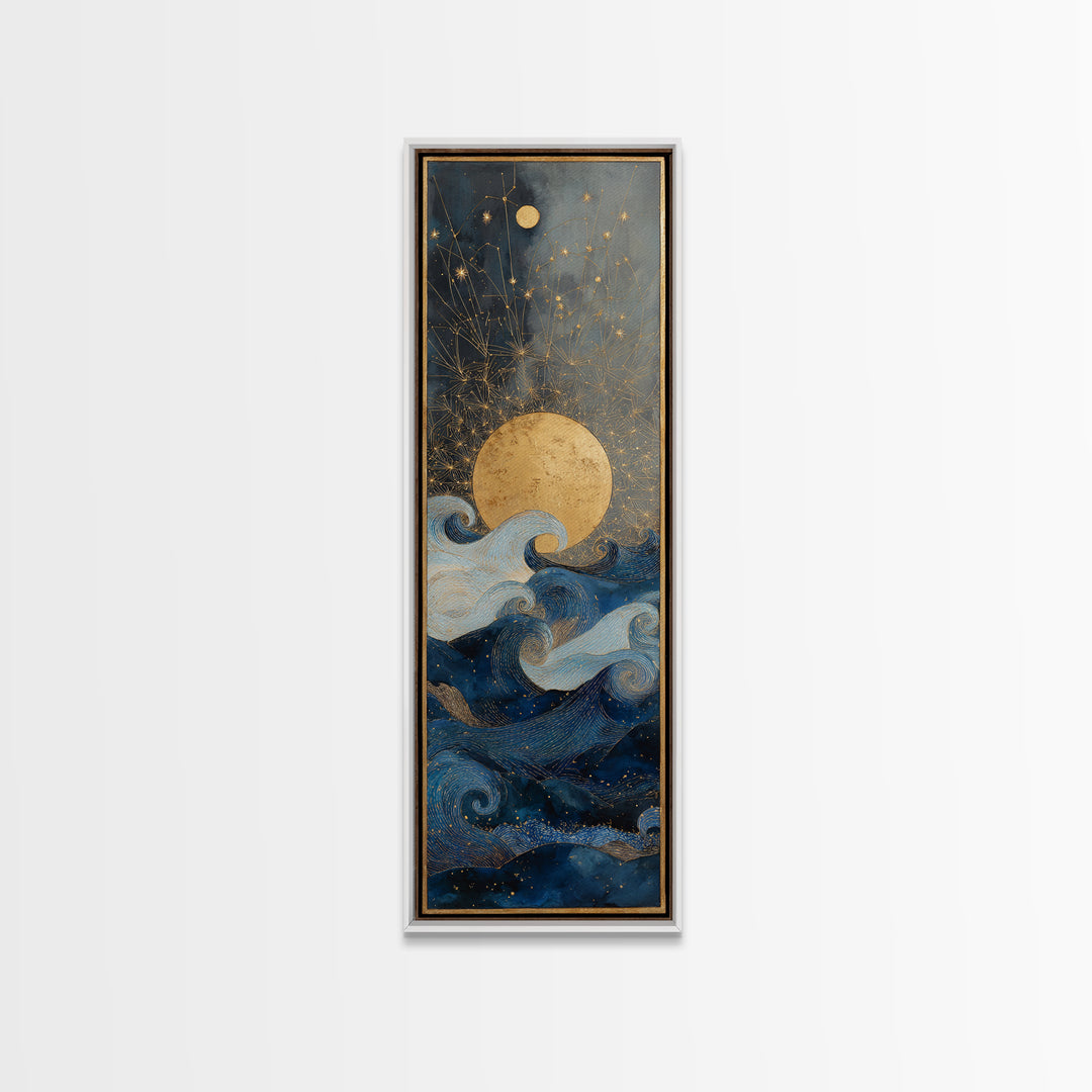 Golden Sun over Abstract Ocean Waves Framed Canvas Print, Celestial Art, Witchy Decor, Living Room Decor, Fine Art, Celestial, CEL-1x3-83