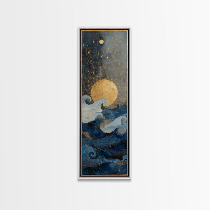 Golden Sun over Abstract Ocean Waves Framed Canvas Print, Celestial Art, Witchy Decor, Living Room Decor, Fine Art, Celestial, CEL-1x3-83