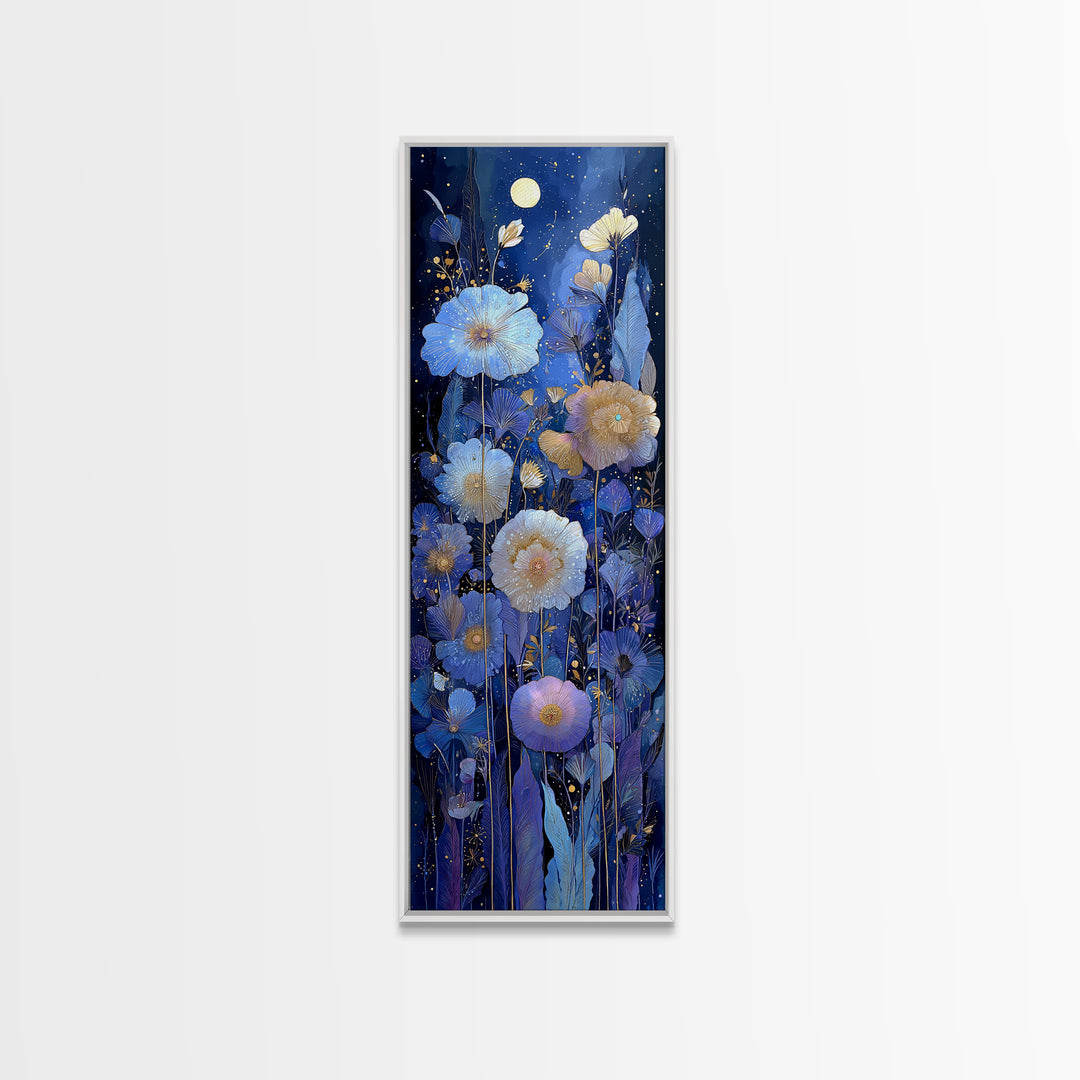 Moon Garden with Night Blooming Flowers Canvas Print, Celestial Art, Boho Art, Living Room Decor, Watercolor Art, Celestial, CEL-1x3-9