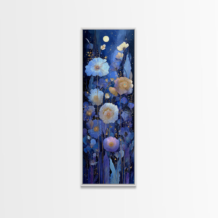 Moon Garden with Night Blooming Flowers Canvas Print, Celestial Art, Boho Art, Living Room Decor, Watercolor Art, Celestial, CEL-1x3-9