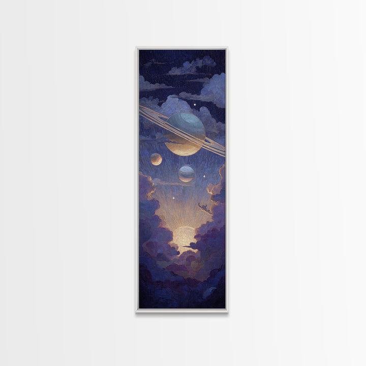 Glowing Planet with Rings and Tiny Moons Canvas Print, Celestial Art, Modern Decor, Living Room Decor, Oil Painting, Celestial, CEL-1x3-90