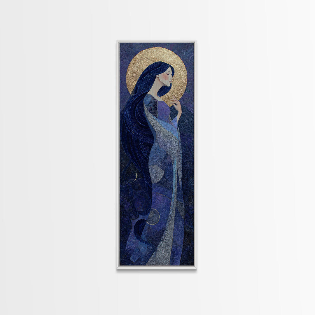 Celestial Goddess with Flowing Midnight Hair Framed Canvas Print, Celestial Art, Retro Wall Art, Living Room Decor, Celestial, CEL-1x3-91