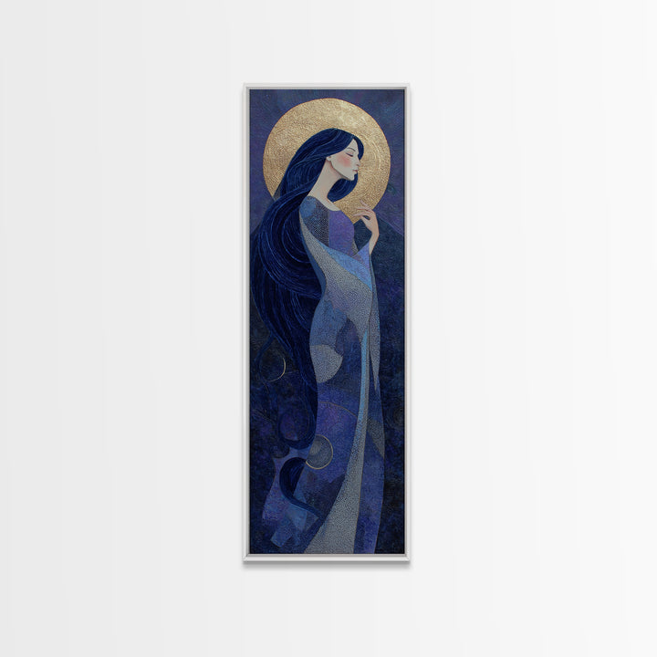Celestial Goddess with Flowing Midnight Hair Framed Canvas Print, Celestial Art, Retro Wall Art, Living Room Decor, Celestial, CEL-1x3-91