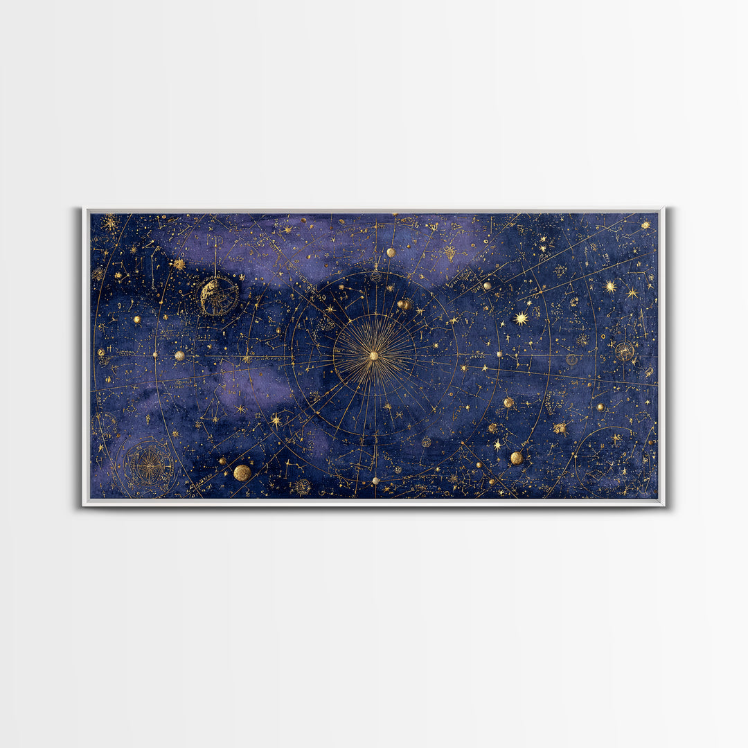 Gold Constellation Map on Deep Navy Texture Framed Canvas Print, Celestial Art, Whimsical Art, Living Room Decor, Celestial, CEL-2x1-100