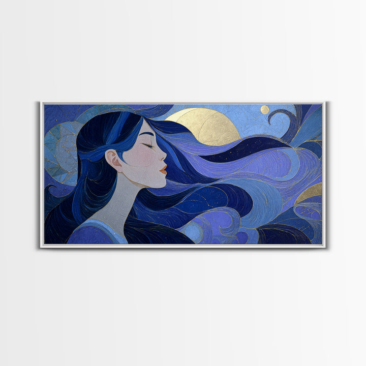 Celestial Goddess with Flowing Midnight Hair Framed Canvas Print, Celestial Art, Celestial, Living Room Decor, Celestial, CEL-2x1-3
