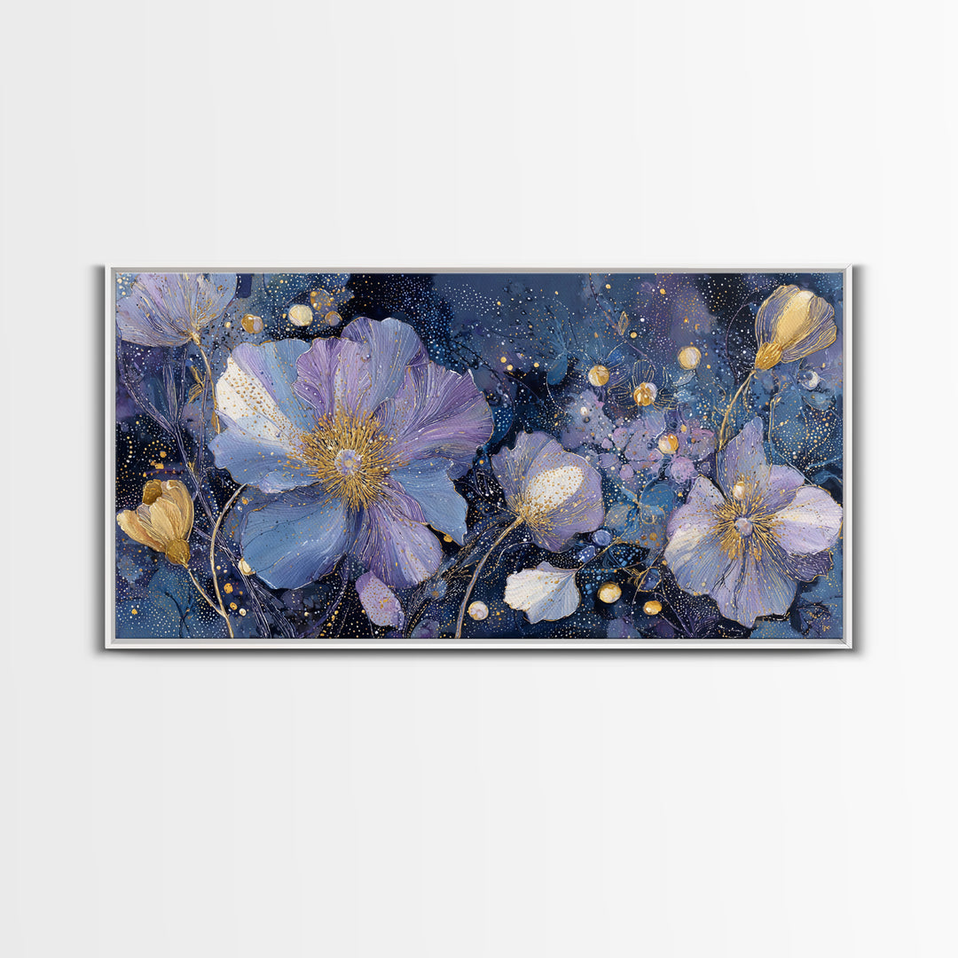 Moon Garden with Night Blooming Flowers Framed Canvas Print, Celestial Art, Minimalist Decor, Living Room Decor, Celestial, CEL-2x1-65