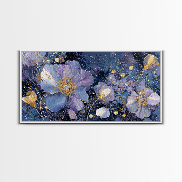 Moon Garden with Night Blooming Flowers Framed Canvas Print, Celestial Art, Minimalist Decor, Living Room Decor, Celestial, CEL-2x1-65