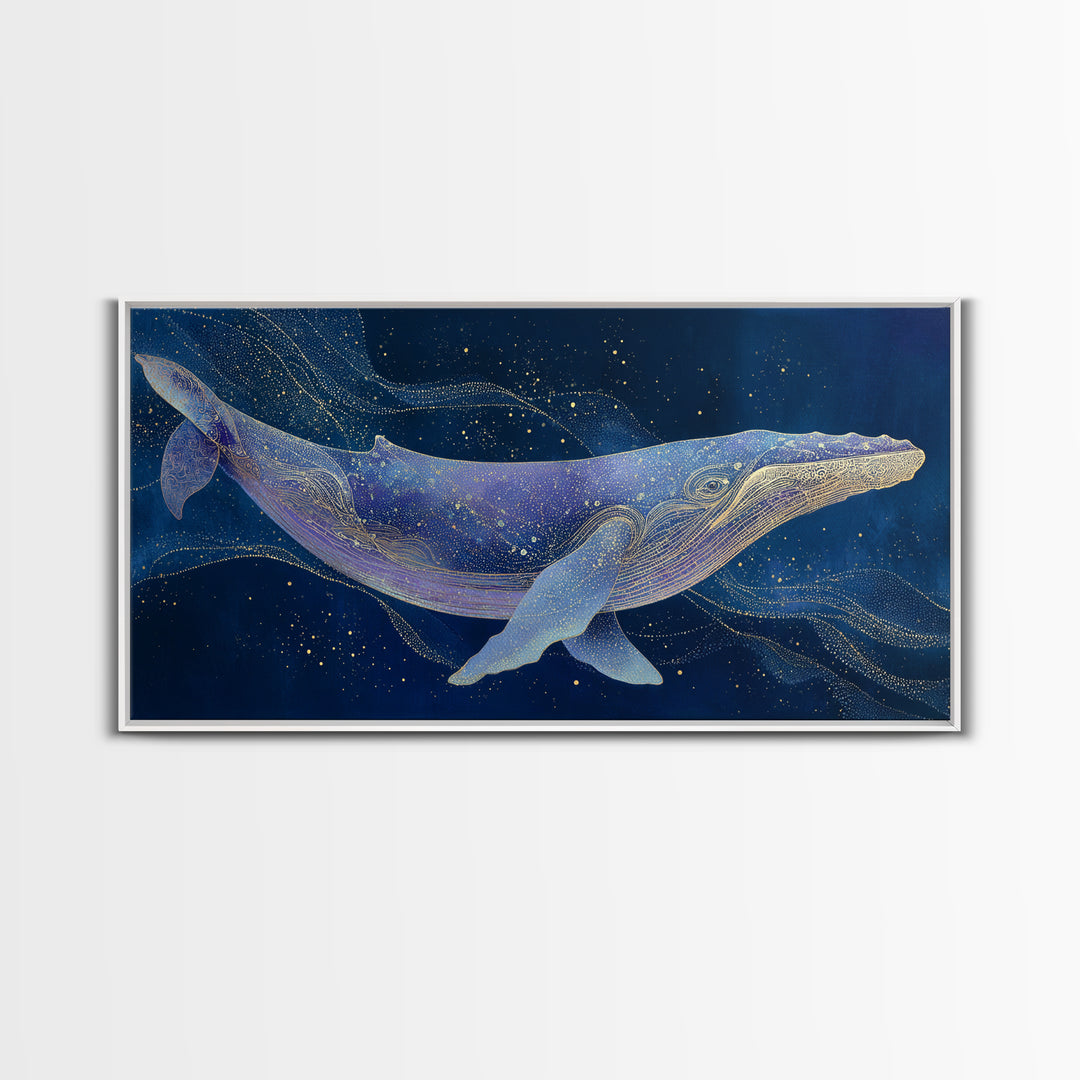 Cosmic Whale Swimming Through a Star Field Framed Canvas Print, Celestial Art, Digital Print, Living Room Decor, Celestial, CEL-2x1-97