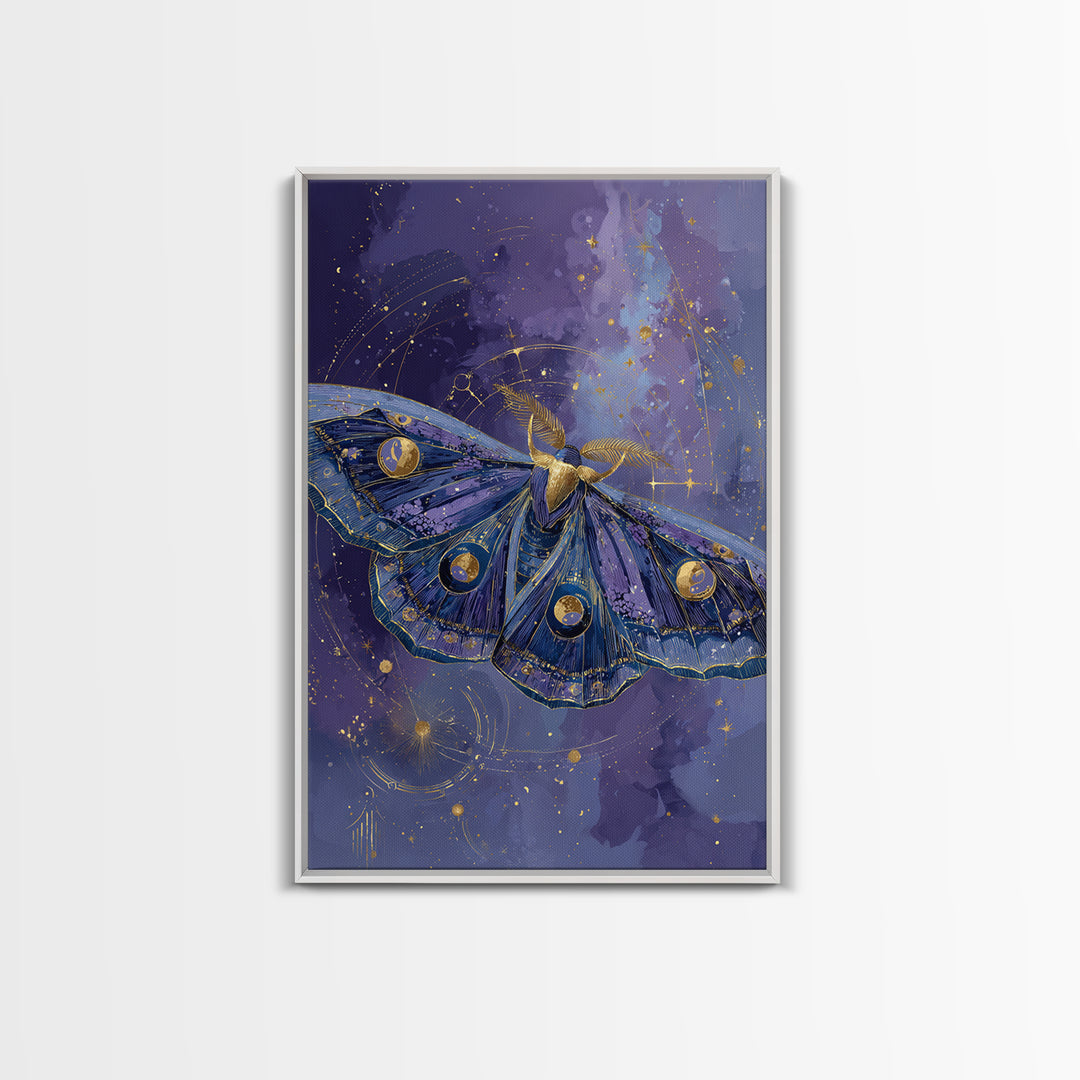 Celestial Moth with Moon Markings Framed Canvas Print, Celestial Art, Gallery Decor, Living Room Decor, Abstract Art, Celestial, CEL-2x3-26