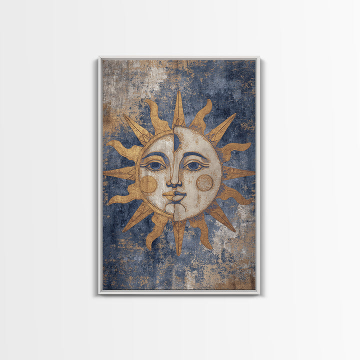 Sun and Moon Faces Framed Canvas Print, Celestial Art, Luxury Decor, Living Room Decor, Oil Painting, Celestial, Digital Print, CEL-2x3-34