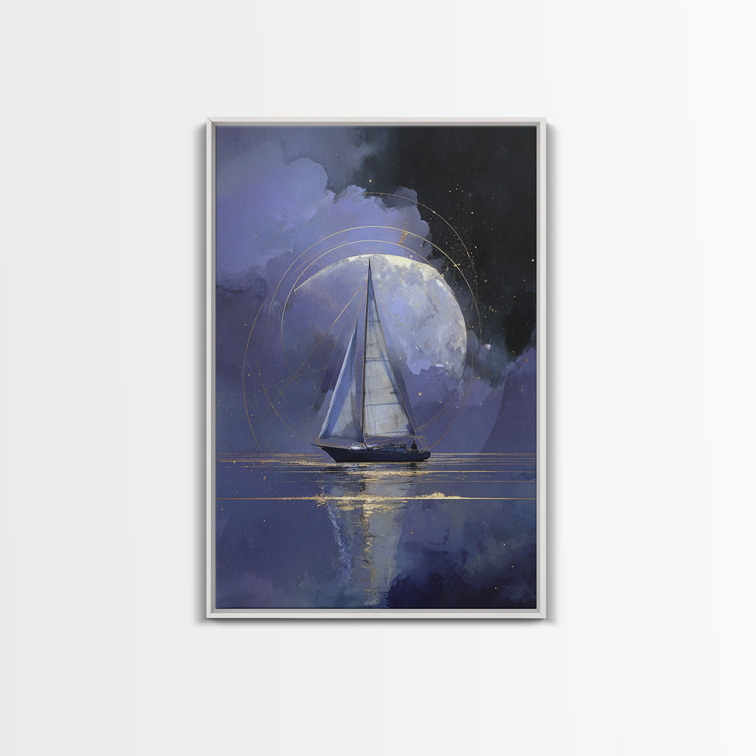 Tiny Sailboat Beneath a Huge Moon Framed Canvas Print, Celestial Art, Animal Prints, Living Room Decor, Oil Painting, Celestial, CEL-2x3-51