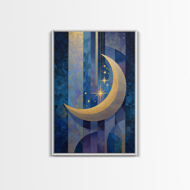 Crescent Moon Cradling a Cluster of Stars Canvas Print, Celestial Art, Living Room Decor, Oil Painting, Celestial, CEL-2x3-57