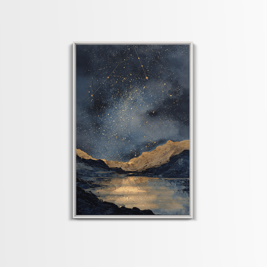 Night Sky over a Quiet Mountain Lake Framed Canvas Print, Celestial Art, Boho Decor, Living Room Decor, Fine Art, Celestial, CEL-2x3-59