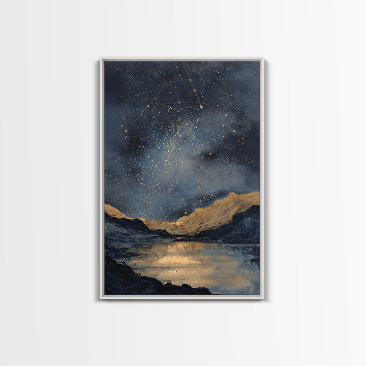 Night Sky over a Quiet Mountain Lake Framed Canvas Print, Celestial Art, Boho Decor, Living Room Decor, Fine Art, Celestial, CEL-2x3-59
