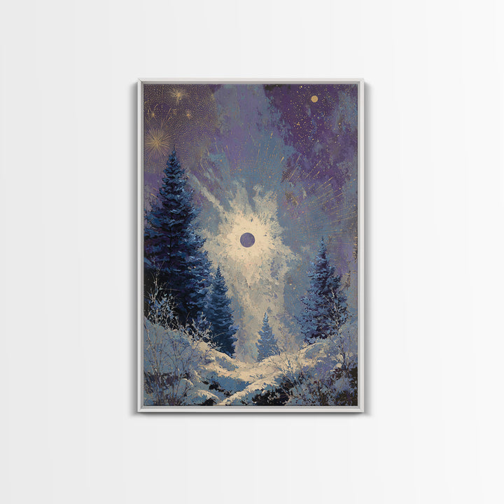 Aurora Borealis over Snowy Pines Framed Canvas Print, Celestial Art, Printable Wall Art, Living Room Decor, Fine Art, Celestial, CEL-2x3-73