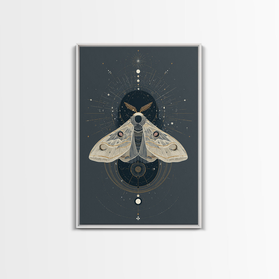 Celestial Moth with Moon Markings Framed Canvas Print, Celestial Art, Living Room Decor, Watercolor Art, Celestial, CEL-2x3-74