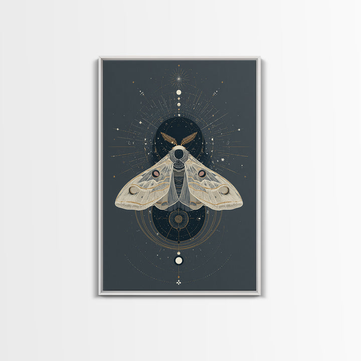 Celestial Moth with Moon Markings Framed Canvas Print, Celestial Art, Living Room Decor, Watercolor Art, Celestial, CEL-2x3-74